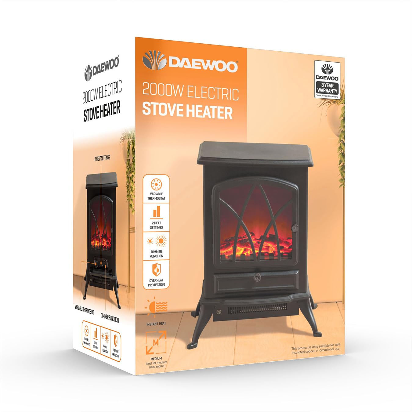 Daewoo Electric Stove Heater, 2000W, Overheat Protection, Variable  Thermostat, 2 Heat Settings, Dimmer Function For Fake Fire Effect, Instant  Heat, Ideal For Small To Medium Sized Rooms, Black : Amazon.co.uk: Home u0026