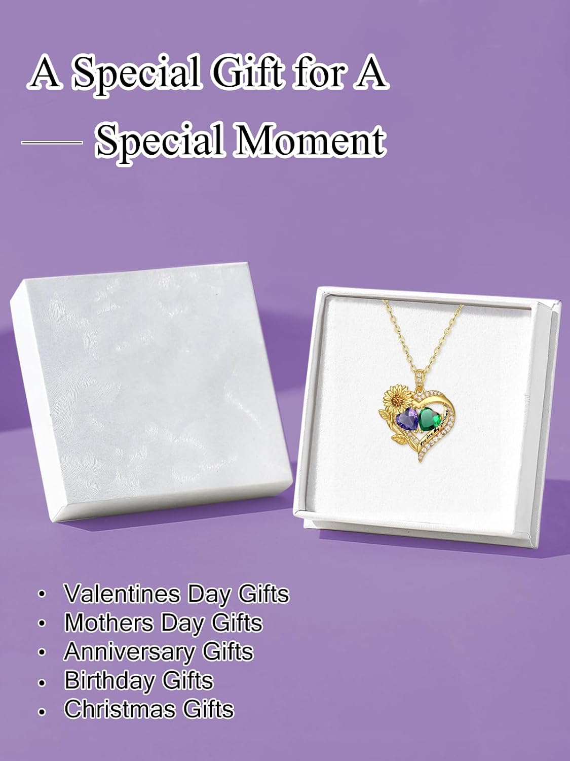 Sunflower Heart Necklace Exquisite Anniversary Birthday Gifts for Wife Mom Double Birthstone Pendant Jewelry ‘You Are My Sunshine’