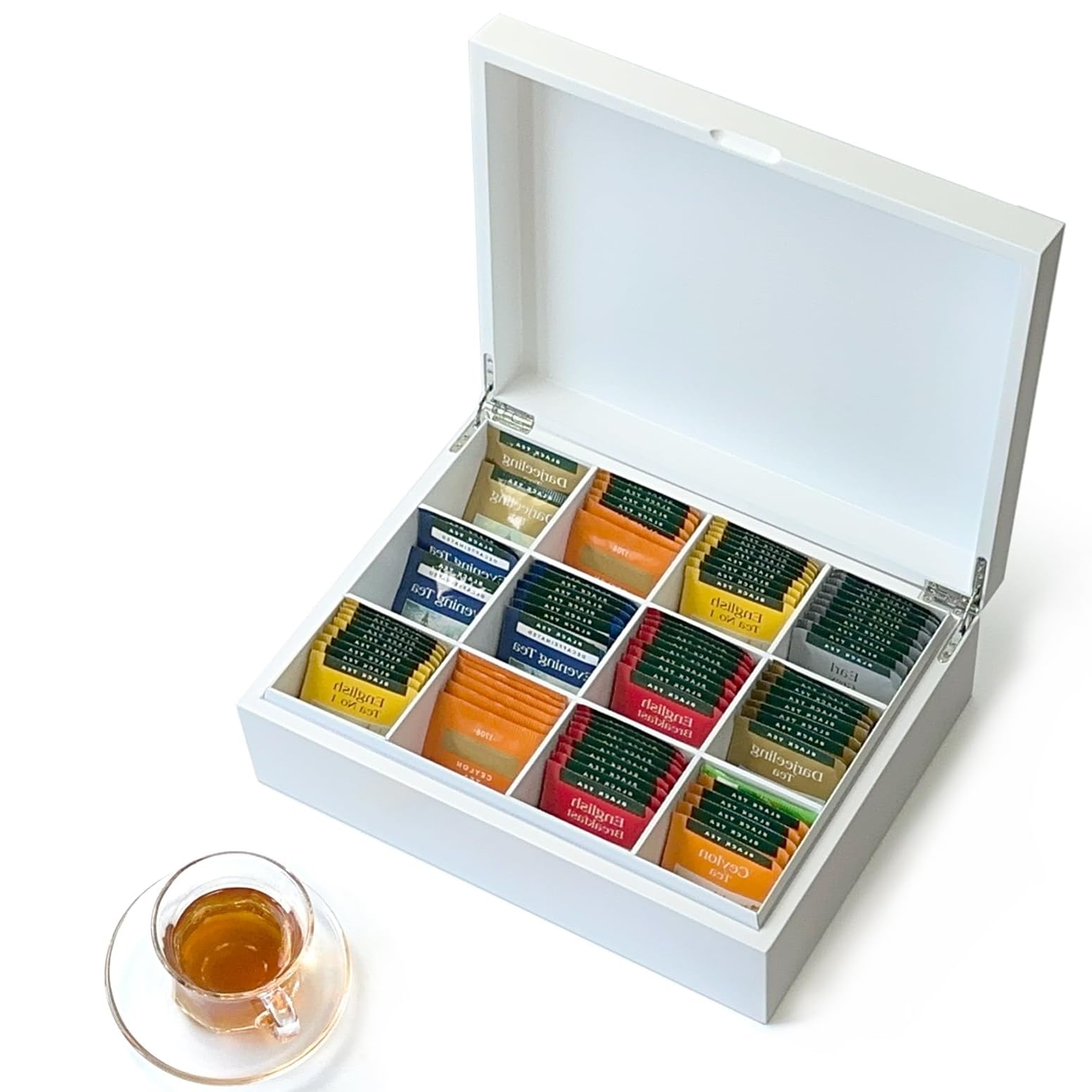 Slege Boîte à Thé en Bois Faite Main,Boîte Thé Blanche à 12 Compartiments,Coffret Thé,Organisateur de Sachets de Thé,Boîte à Café,Boite The Vrac,Organisateur Pour la Maison ou Cadeau,Tea Box