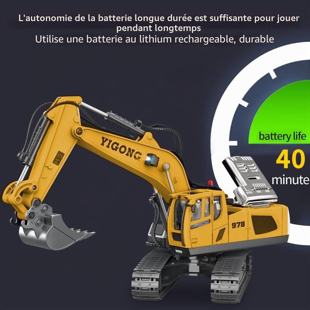 X-Verse Pelleuse télécommandée jouet, véhicule de chantier télécommandé pour enfants, pelleuse sur chenilles RC 1:20 avec pelle en métal, 11 canaux, rotation à 680°, lumière et effets sonores