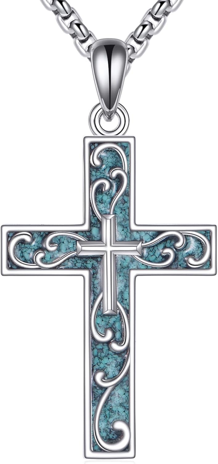 URONE Cross Necklace 925 Sterling Silver Turquoise Cross Pendant Turquoise Jewelry Gift for Women Men