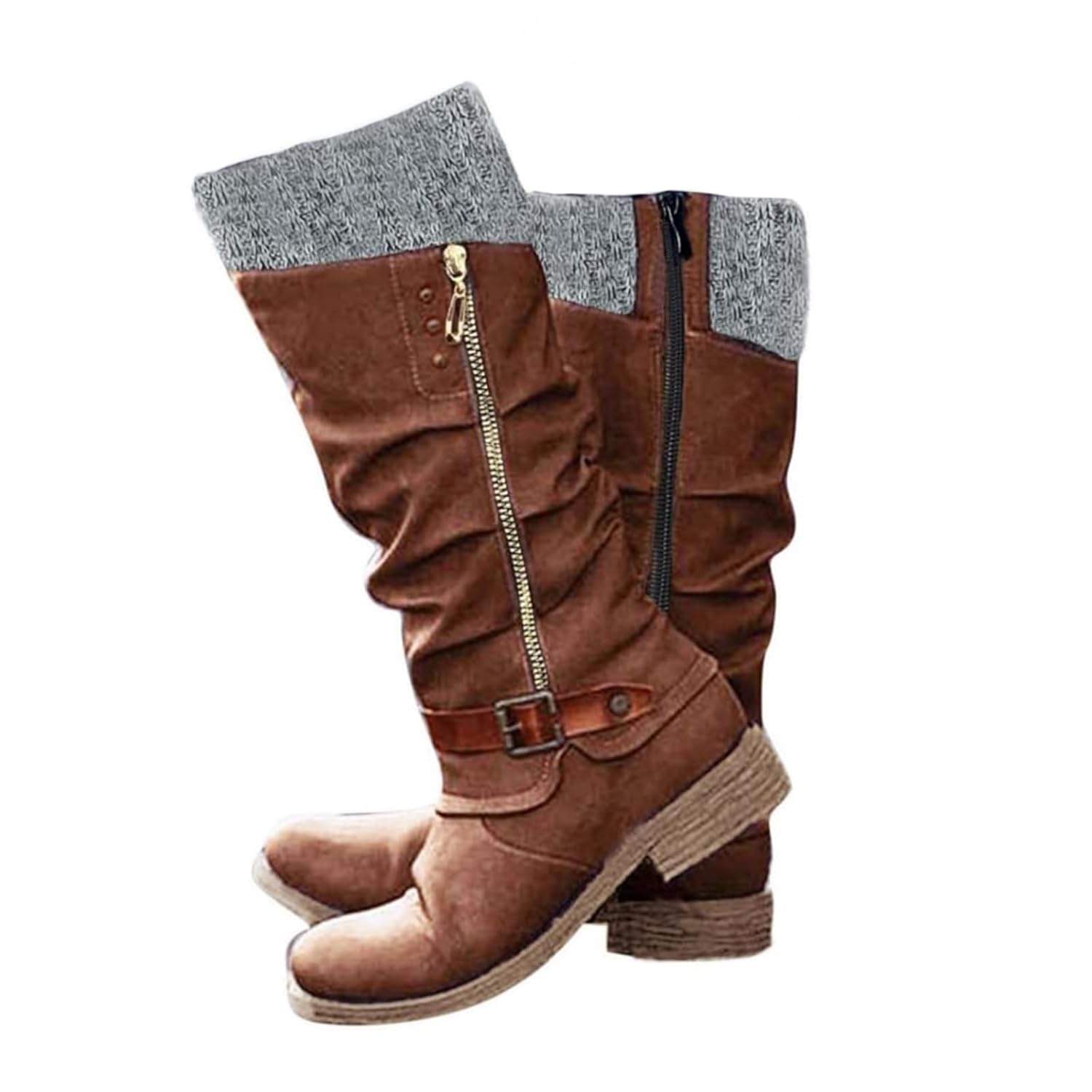 Knee High Boots for Women Wide Calf Mid Calf Sweater Knitted Ruched Cuff Snow Boots Fashion Side Zipper