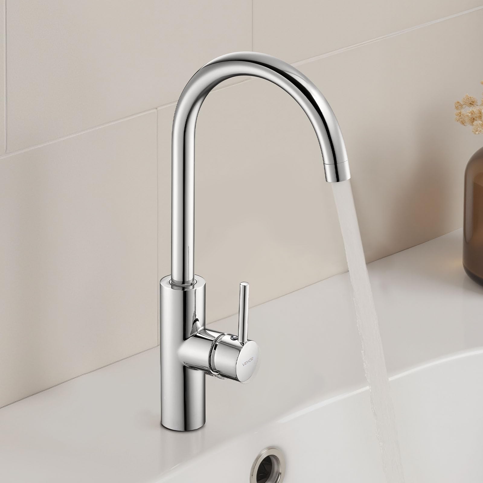 VEVOR Grifo de Lavabo sin Contacto para Baño, Grifo Automático Manual con Sensor para Lavabo e Inodoro, Cuello de Cisne, Cromado Plateado, Resistente a la Corrosión, 104 x 52 x 395 mm, 7,6 L/min