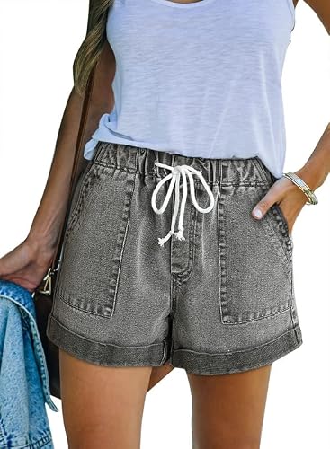 Dokotoo Womens Fashion Casual Denim Shorts Distressed Drawstring Elastic Pull On Comfy Soft Summer Jean Shorts For Women High Waisted With Pockets Grey Medium #TOP25