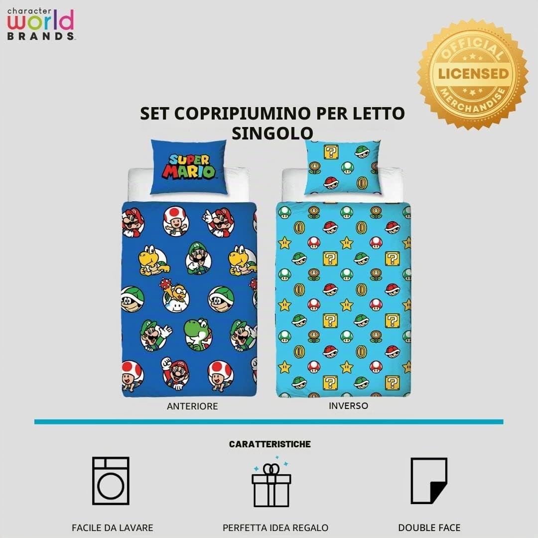 Nintendo Super Mario - Set copripiumino singolo ufficiale, design continuo, reversibile, blu su 2 lati, prodotto ufficiale, con federa coordinata