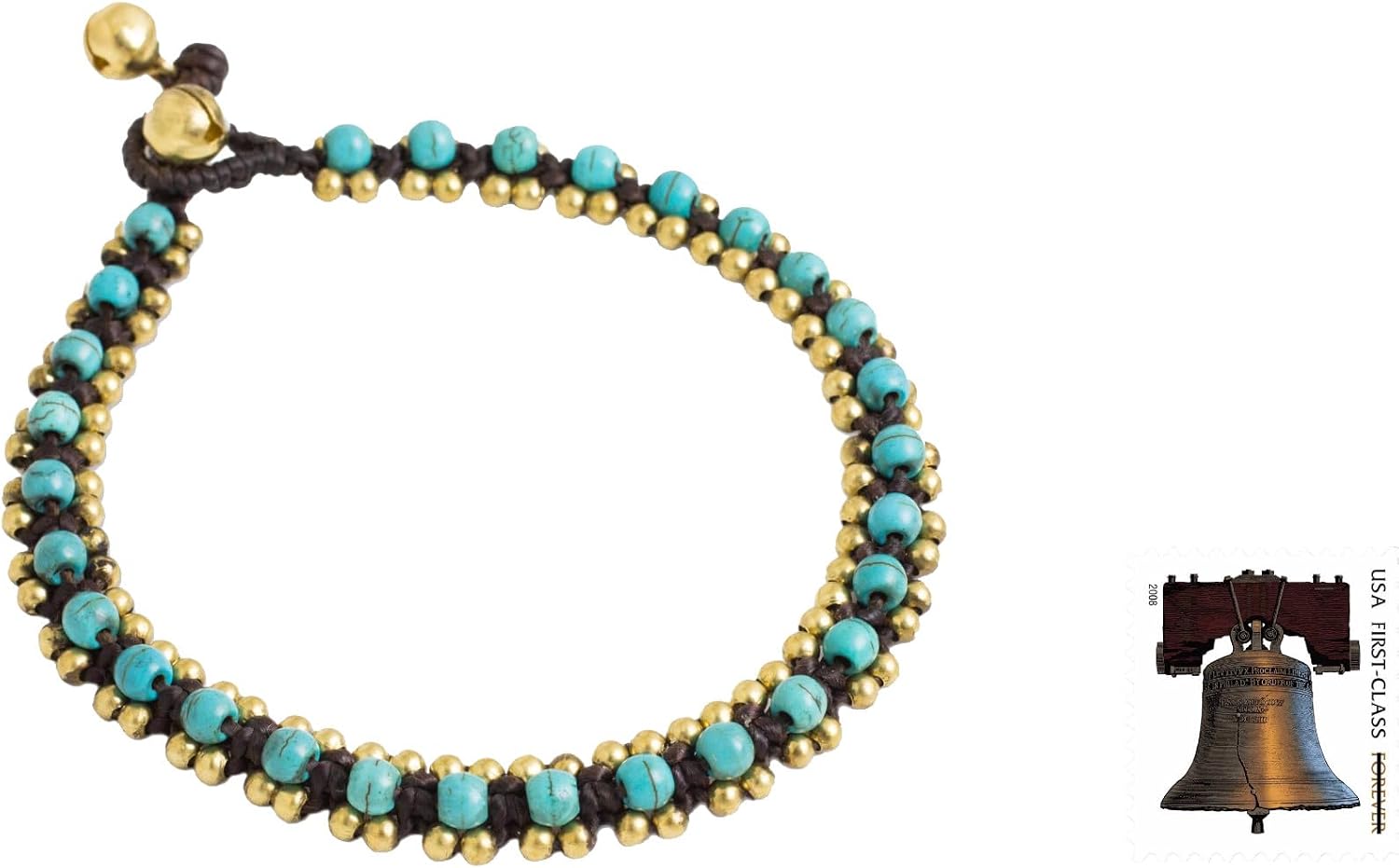 NOVICA Artisan Handmade Calcite Anklet Crocheted with Brass Beads Bells Turquoise Blue Gold Tone Green Beaded Thailand Bohemian [9.5 in min L x 9.75 in max L 9 mm W] ' Tinkling Bells'