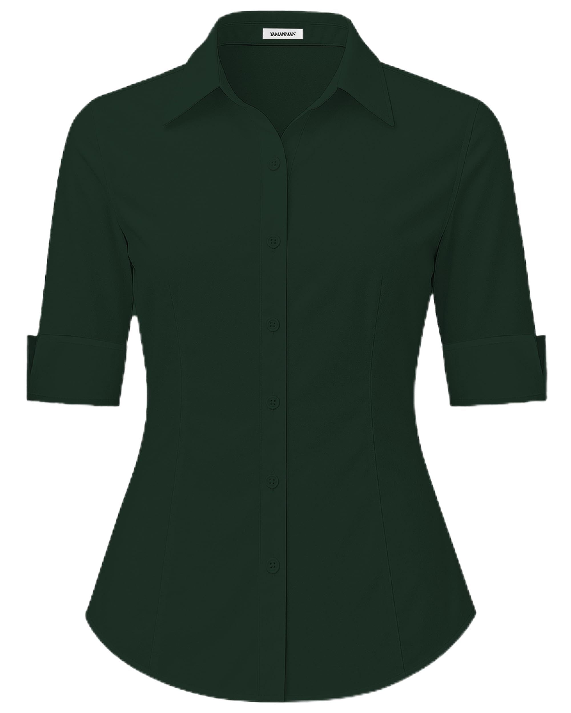 SPRING SEAON Damen Bluse 3/4 Ärmel Slim Fit V-Ausschnitt Knopfleiste Hemd Shirt Business Blusen mit Knopleiste Kurzarm Blusenshirt Tops Sommer Herbst Hemdbluse für Büro und Freizeit