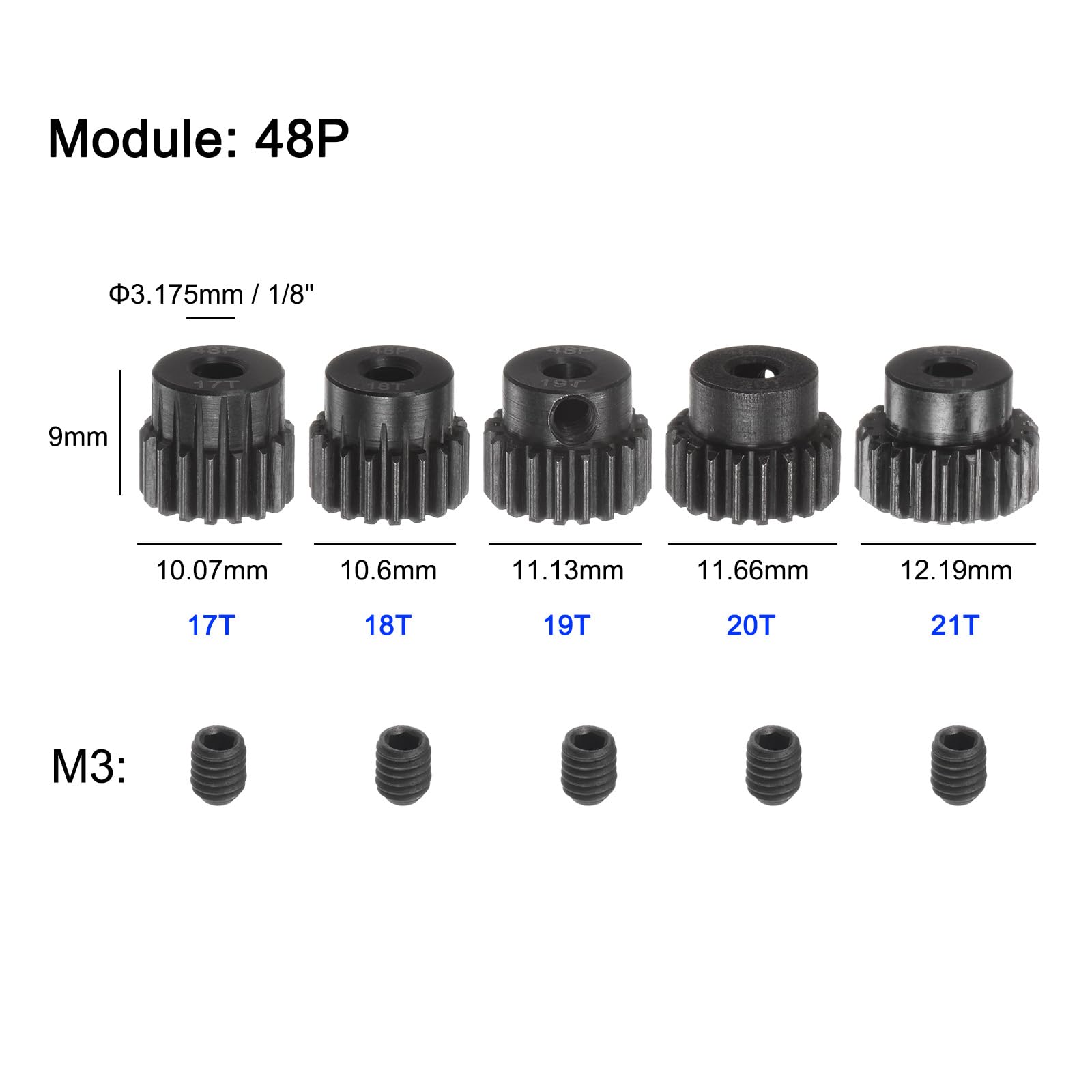 QUARKZMAN 48P Jeu De Pignons à Axe De 3,175 mm (1/8") - 17T 18T 19T 20T 21T - Engrenages Moteur En Acier Trempé - Pignon D'Attaque Avec Marche Pour Voiture Rc (5 Pièces)