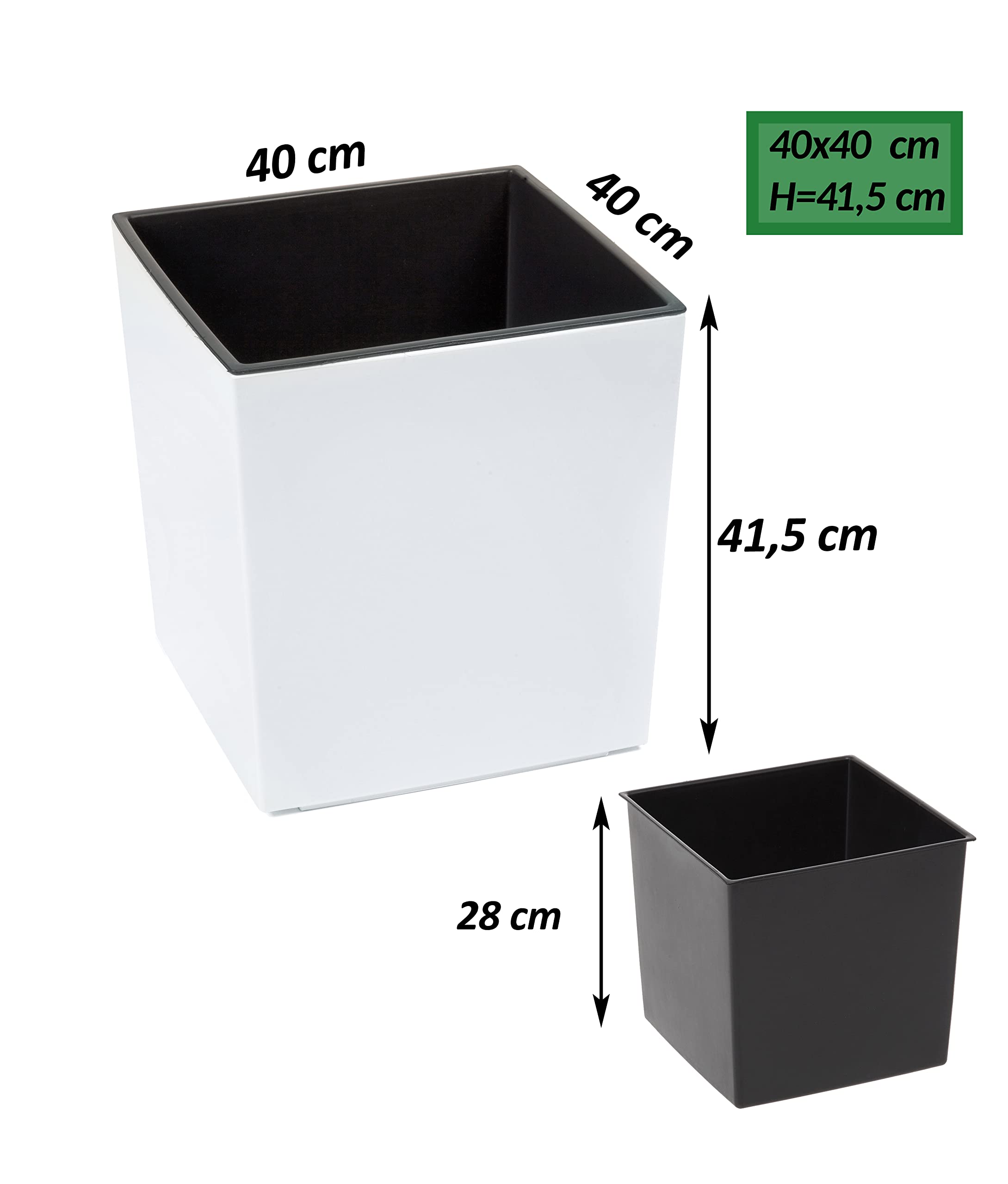 Tymar Pot de fleurs, pot de fleurs, pot de fleurs, en plastique, grand carré, brillant, jardin, balcon, terrasse, maison (blanc, 40 x 40 cm)