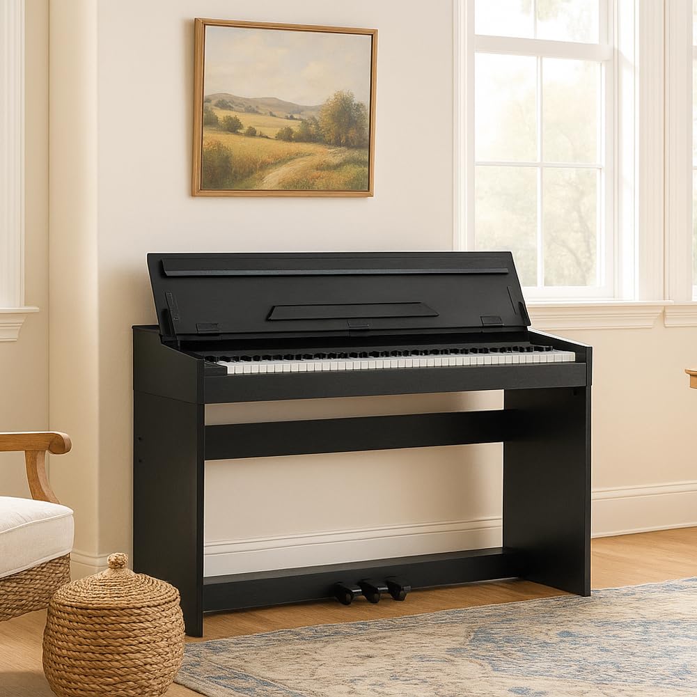 BAKAJI Tastiera Musicale Elettrica con 88 Tasti Pesati con Meccanica a Martelletto e 3 Pedali, Pianoforte Musicale Elettrico con 600 Ritmi e 80 Brani Integrati, Attacco per Cuffie, USB, MIDI (Nero)