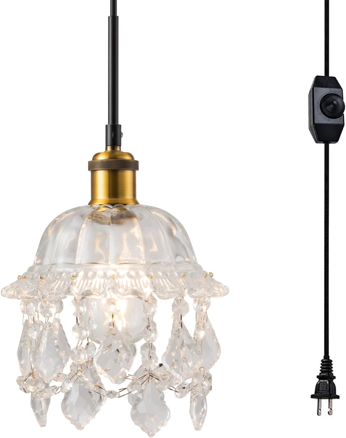 Vintage Plug in Pendant Light Crystal Hanging Lights with 15Ft Black Plug in Cord & On/Off Dimmer Switch， Mini Chandelier for Kitchen Island Dining Room Bedroom