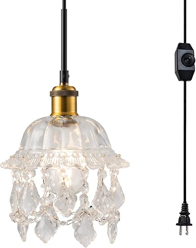 Lámpara colgante vintage con enchufe de cristal con cable negro de 15 pies e interruptor de atenuación de encendidoapagado, mini candelabro para