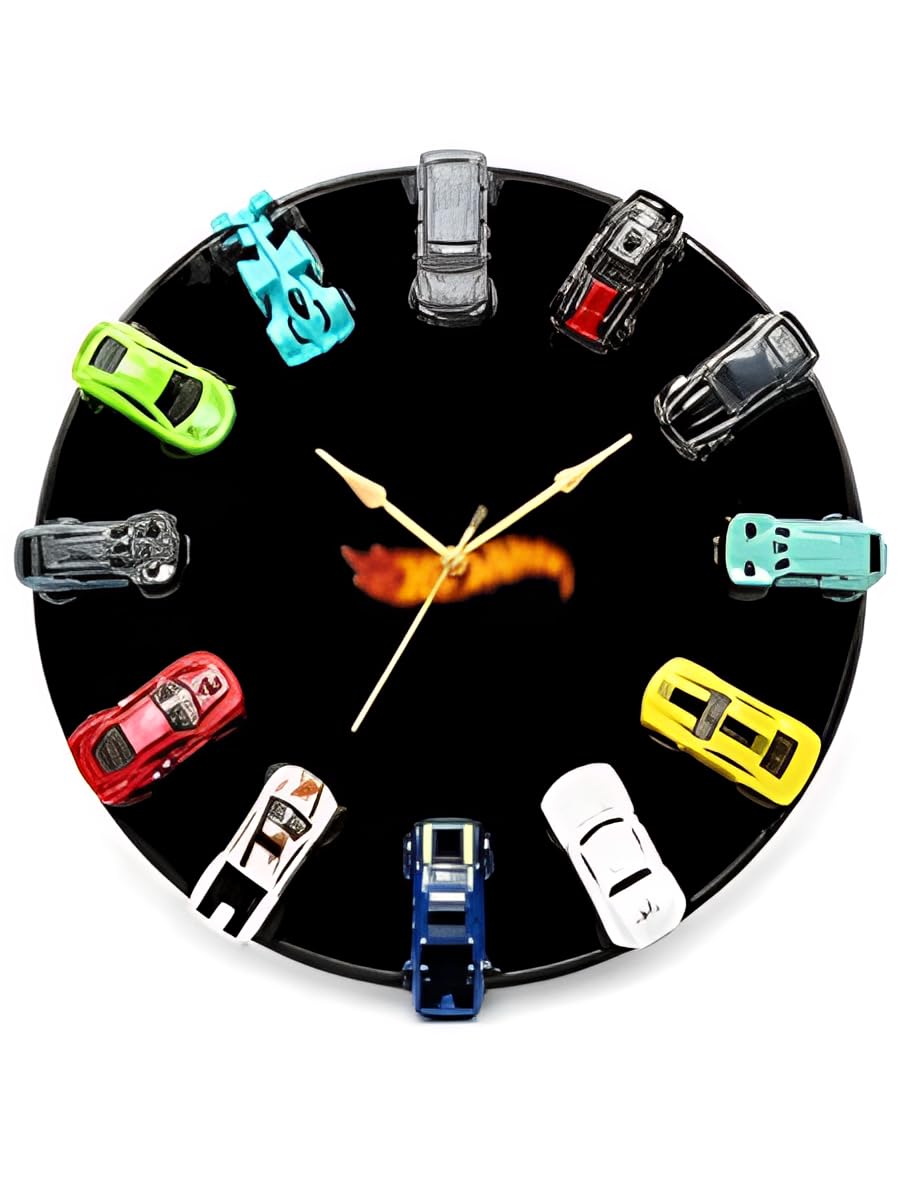 FANCY THINGS 12 Mini Car Decorative Wall Clock, Black Acrylic Analog Clock with Silent Non-Ticking Movement, Collector Room Decor for Car Lovers, Kids Room, Gaming Room, Bedroom and Office-image-9