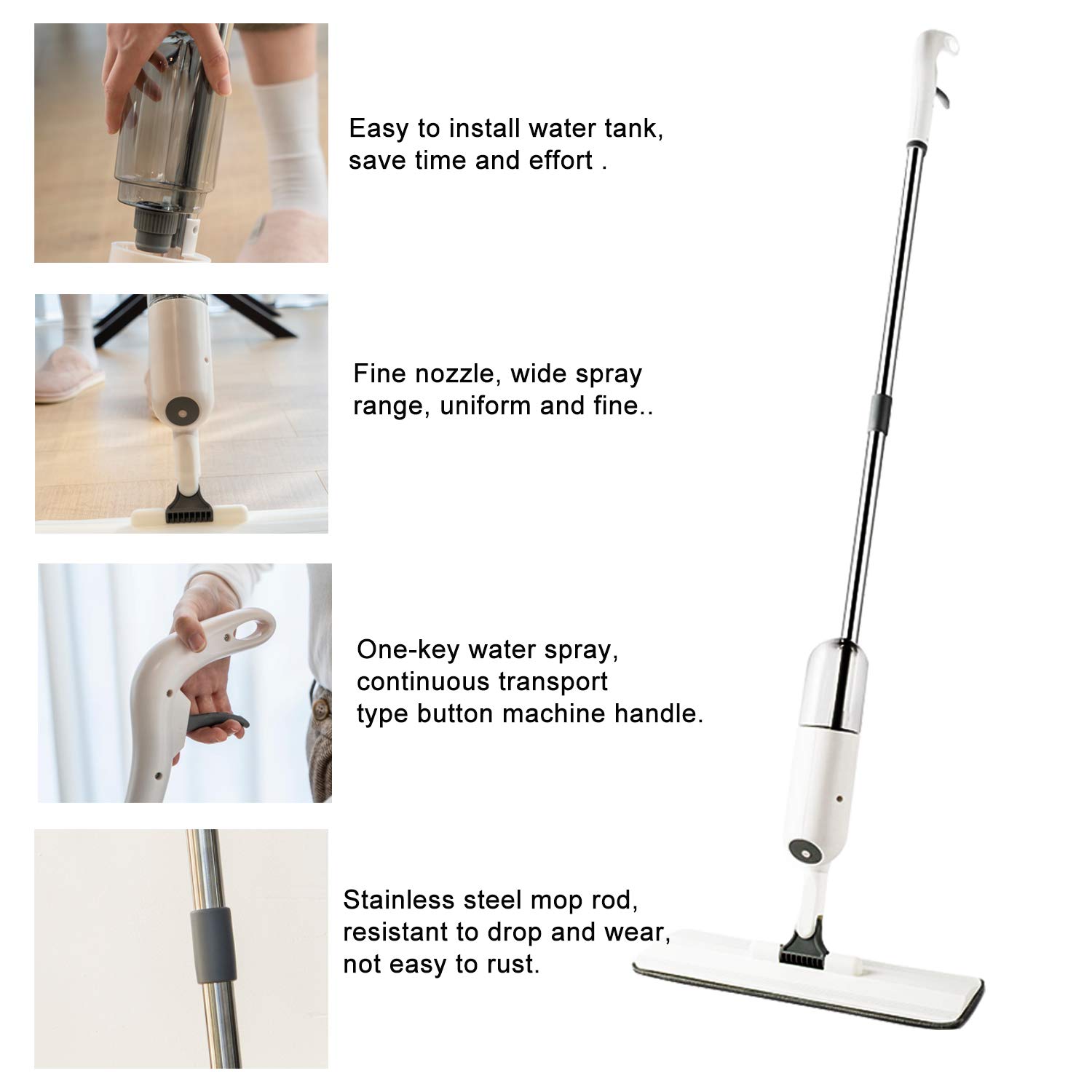 EZ SPARES Trapeador en aerosol para limpieza de suelos, con una botella de spray recargable y 3 almohadillas lavables, mopa con mango para el hogar, cocina, madera, laminada, madera, baldosas de