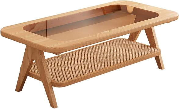 Solid Wood Coffee Table, 2 Tier Sidetable with Glass Tabletop, Rattan Storage for Living Room, Bedroom, OfficeNatural,39.4in/100cm