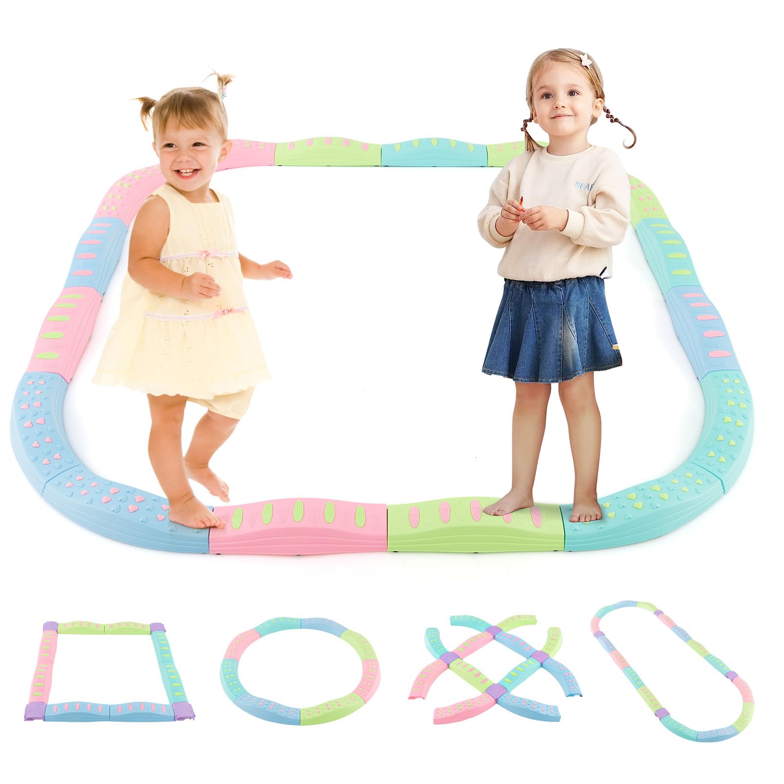 INFANS Kids Balance Beam Stepping Stones Set, 20 PCS Montessori Obstacle Course for Toddler Indoor Outdoor, Non Slip Rubber Base, Gymnastics Toy,