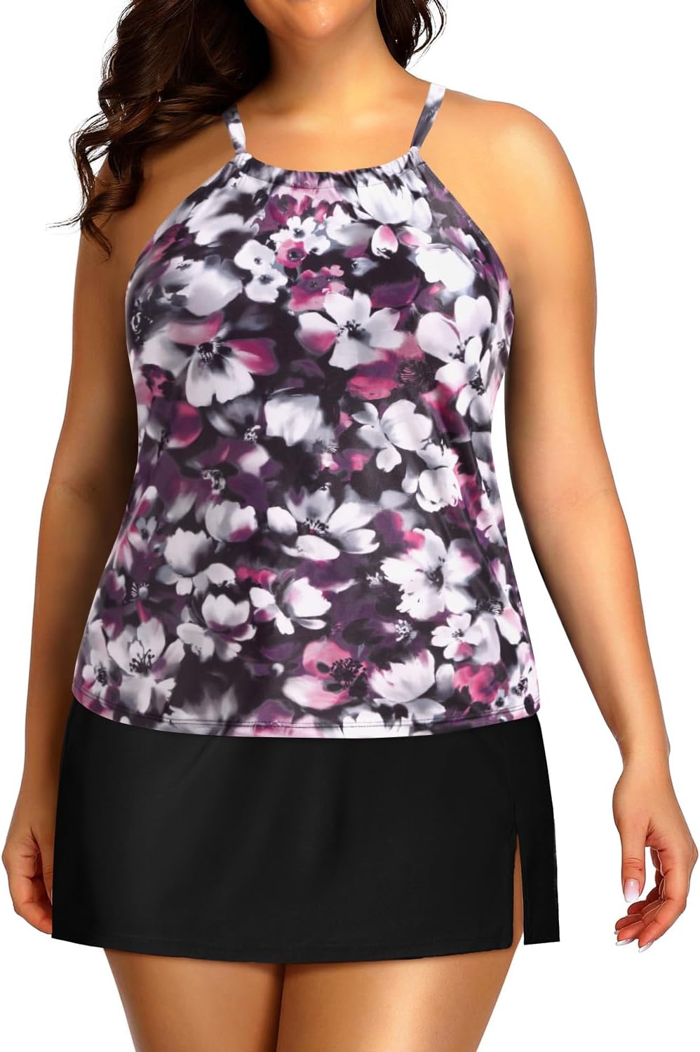 Yonique Women Two Piece Plus Size Tankini with Skirt Tummy Control Bathing Suits High Neck Swimsuits