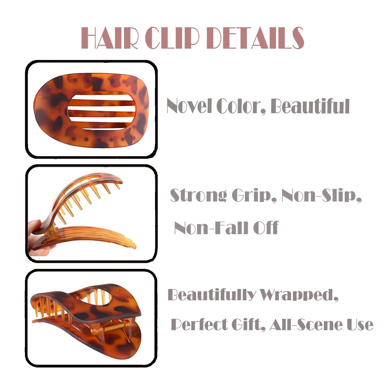 4 Pcs Flat Claw Clip for Thick Hair,Flat Hair Claw Clips,Clawclips for Women Finehair,French Design Hairclips for Lying,Driving,Matte Strong Hold Hairclaw Clips for Thin,Thick-hair(Leopard) - Image 3
