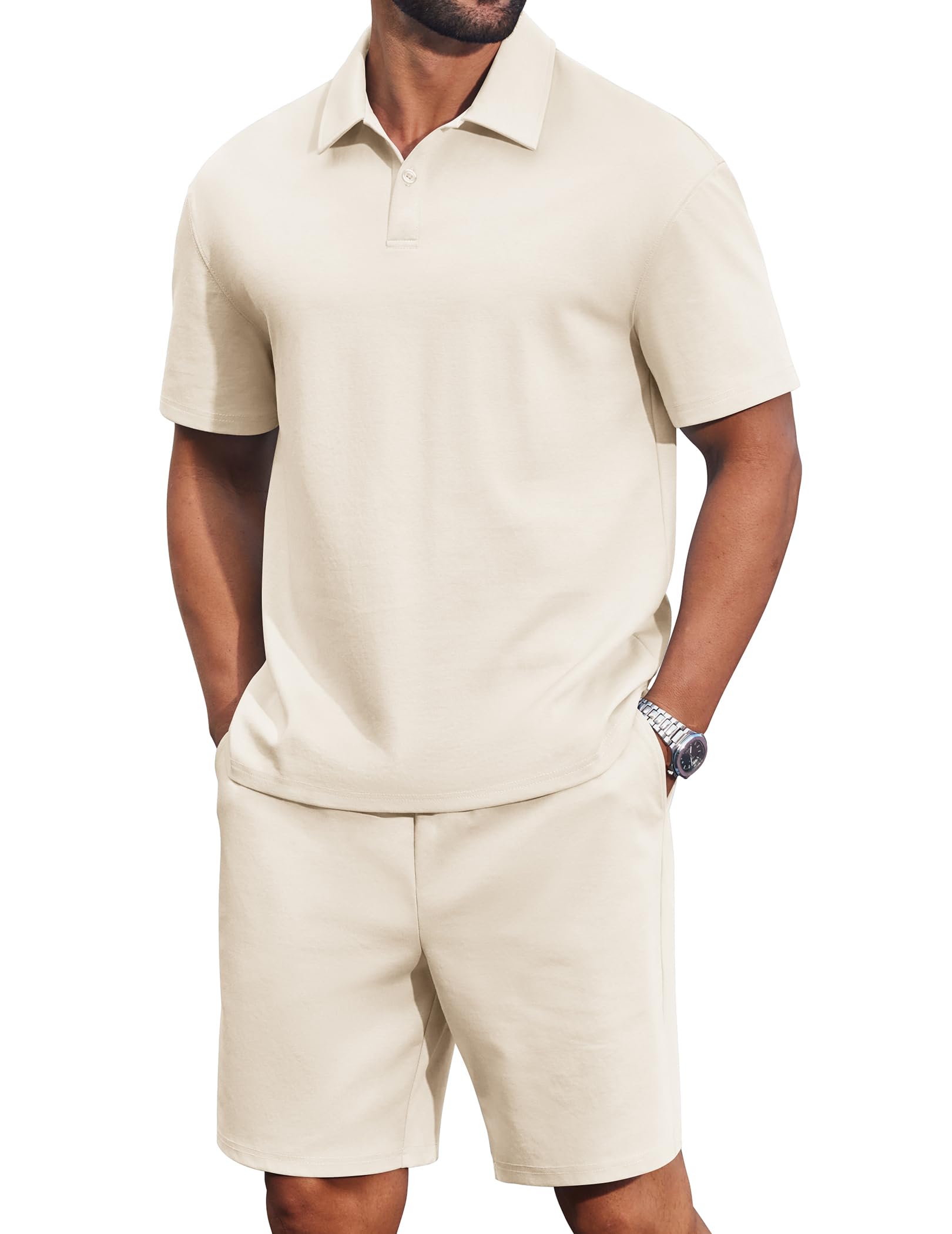 COOFANDY Men's 2 Piece Outfits Casual Cotton Short Sleeve Polo Shirts and Shorts Sets Loose Fit Summer Athletic Track Suits