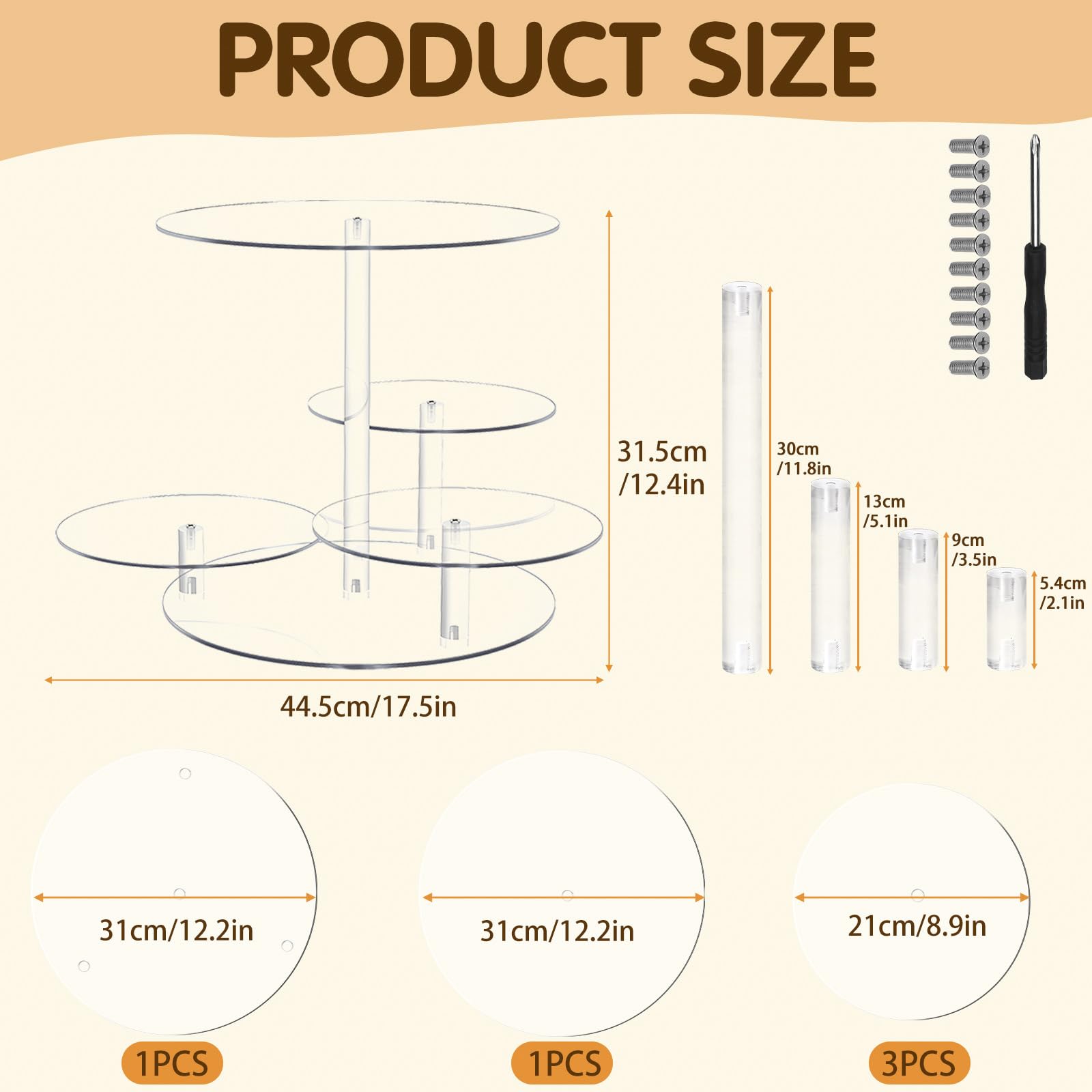 Présentoir à gâteaux rond en acrylique à 4 étages pour gâteaux de 20 à 30 cm, support de gâteau pour fête, événement, réunion de famille