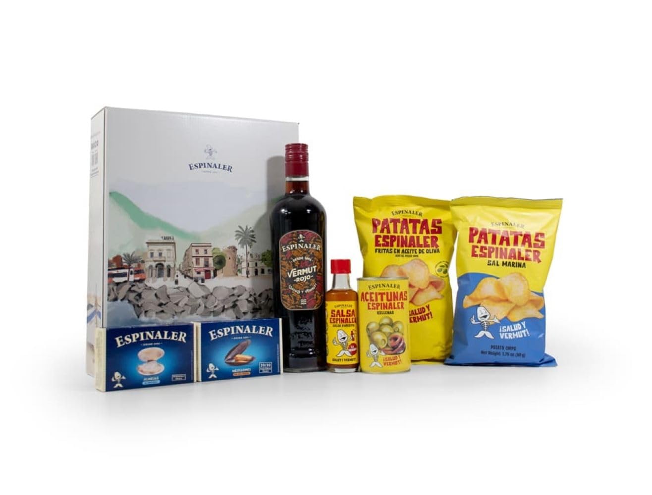 Espinaler Nuevo Lote Tamarit - Lote Surtido de Vermut, Mariscos y Aperitivos - Cesta Regalo Gourmet - Pack de Regalo Ideal para Celebraciones y Momentos Especiales - Aperitivos Gourmet