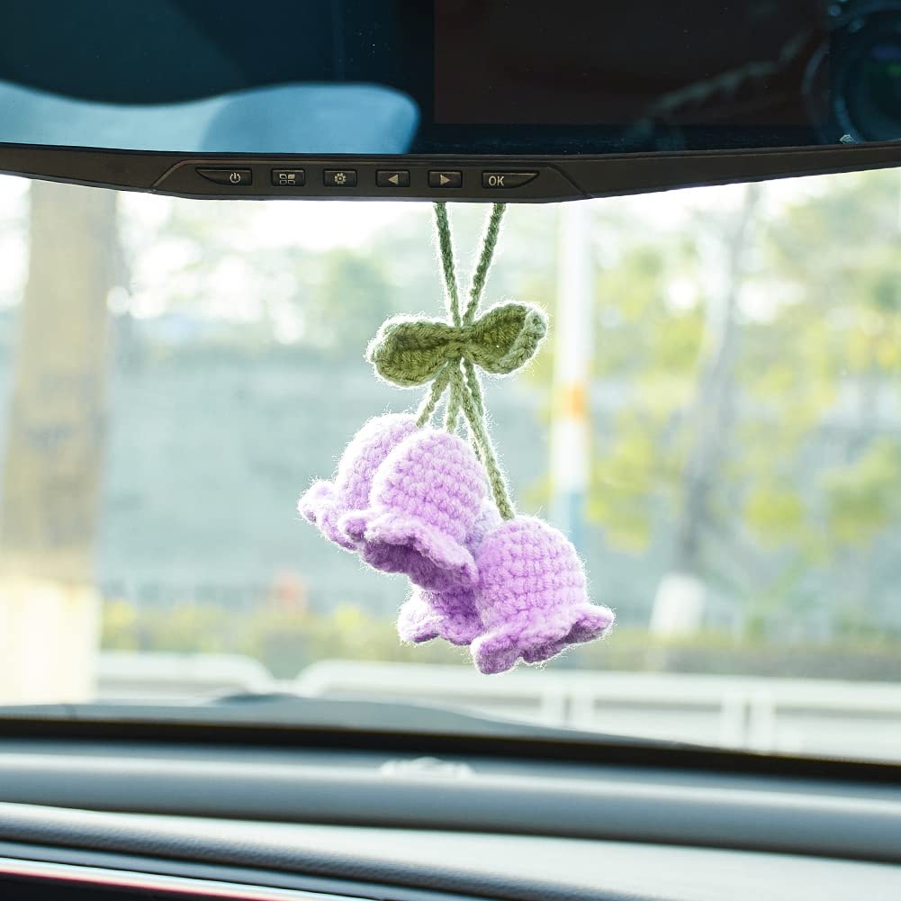 JSCARLIFECute Convallaria Majalis Crochet Car Mirror Hanging Accessories Decor, Aesthetic Car Rearview Charms Decorations, Handmade Knitted Rear View Mirror Pendant Ornament (Purple)