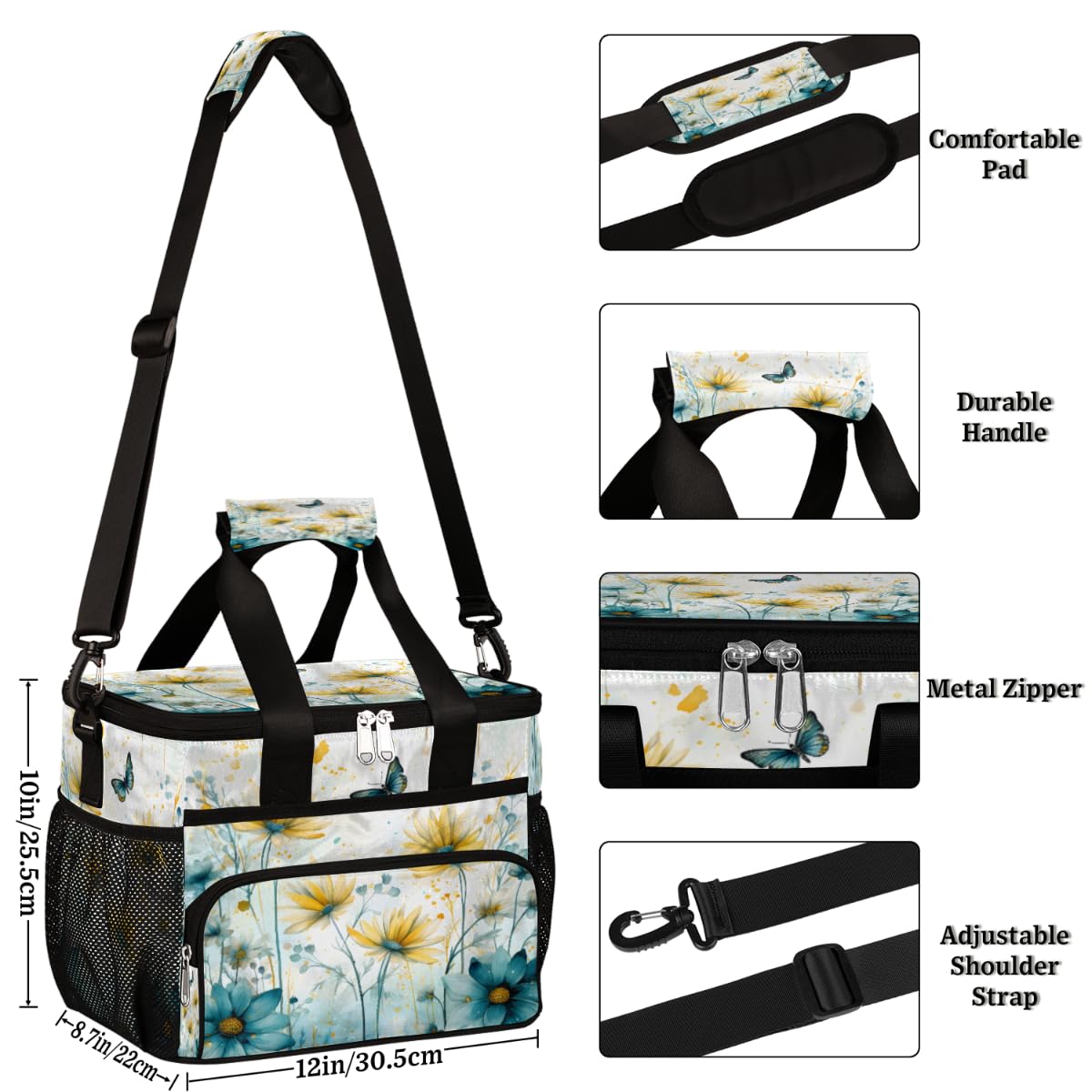 Floral Insulated Picnic Backpack Lunch Box for Women Men Picnic Basket Tote Lunch Bag Picnic Bag Portable Lunch Bags for Picnic, Beach, Work, Trip,Office, Camp Flying Butterfly