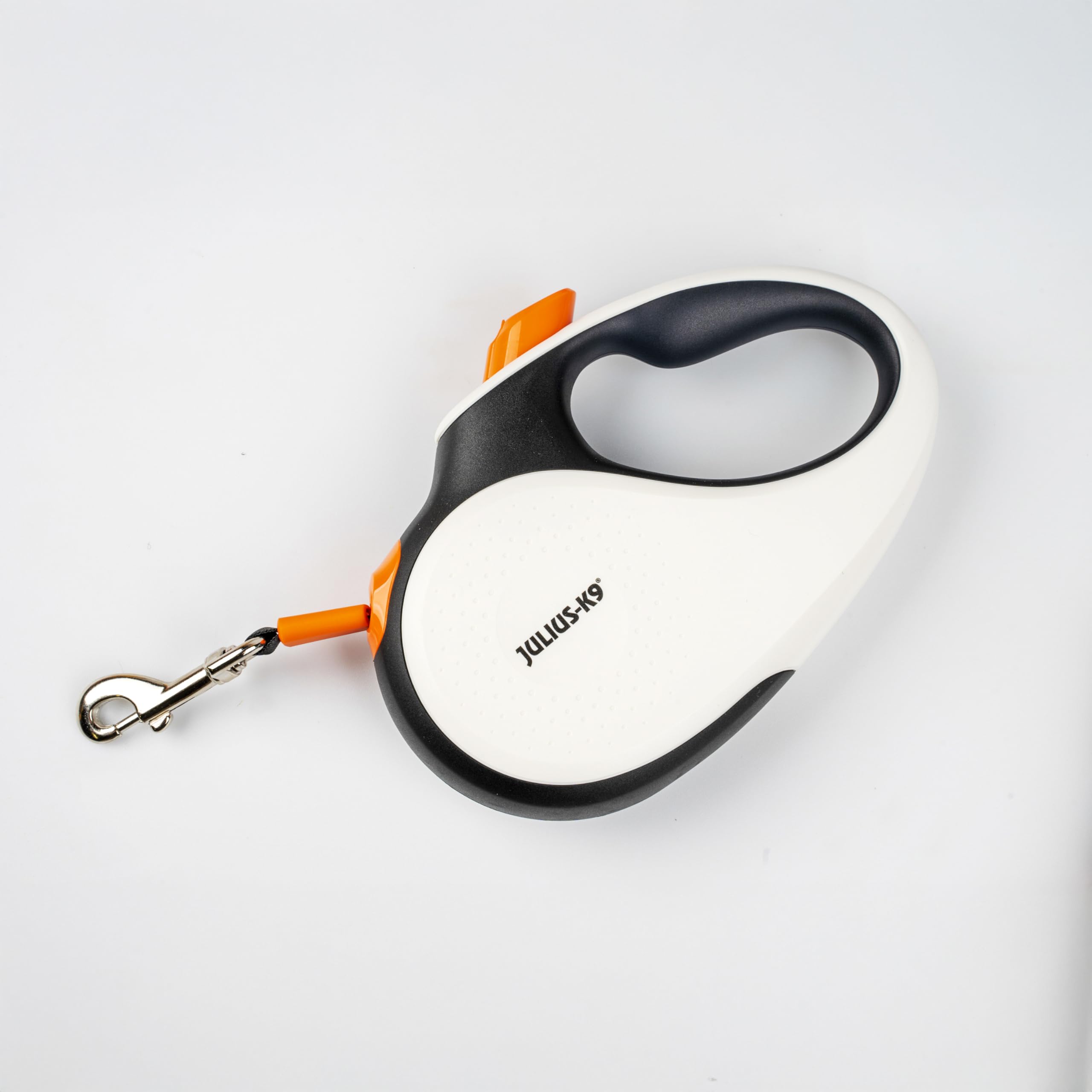 Julius-K9 Retractable Dog Lead, M - 5 m Tape, White/Orange – anti-slip handle, ribbon leash, extandable, one handed brake, pause, lock, reflective ribbon, tangle free, heavy duty