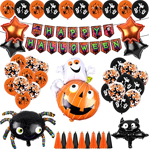 AnJeey Decoracion Halloween Kit, Decoraciónes Fiesta de Miedo, 30Pcs Negro y Naranja Globos, Banderas Banderinas, Murciélago, Araña, Decoracion Halloween Casa Interior Cover