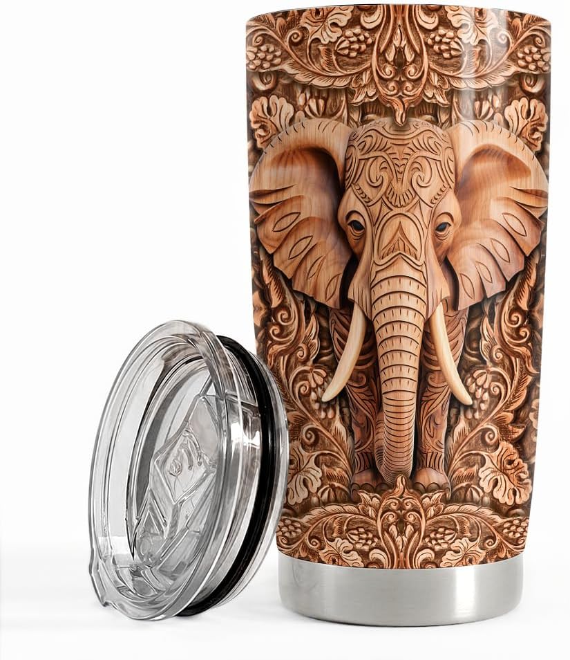 SANDJEST Elephant Tumbler 20oz Elephants Wood Drawing Stainless Steel Insulated Tumblers Coffee Travel Mug Cup Gifts for Women Men Elephant Gift for Birthday Christmas