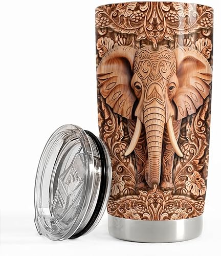 SANDJEST Vaso de elefante de 20 onzas con diseño de elefantes, diseño de madera, de acero inoxidable, con aislamiento, taza de café, taza de viaje,