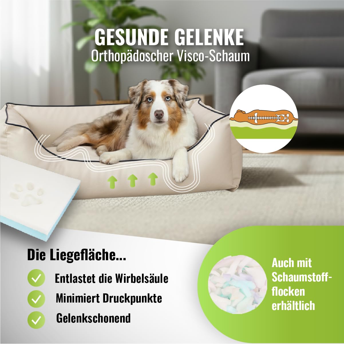 Cama para perros CopcoPet Rocco 2 en 1, impermeable y de piel sintética, con colchón de plástico para perros con espuma de copos o espuma viscoelástica ortopédica