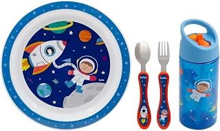 Kit Refeição Infantil 3 Peças Prato, Kit Talher Inox e Garrafa Canudo Silicone 380ml Buba Aventuras (Astronauta)