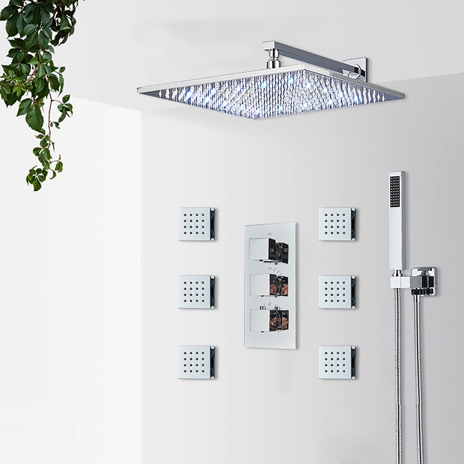 Zestaw Prysznicowy Led Z Termostatyczną Baterią Ścienną, Chromowaną Deszczownicą, Mieszaczem 3-Drożnym, Głowicą 12/16 Cala, Ręcznym, 6 Dyszami, 16 Cali(12 Cali)