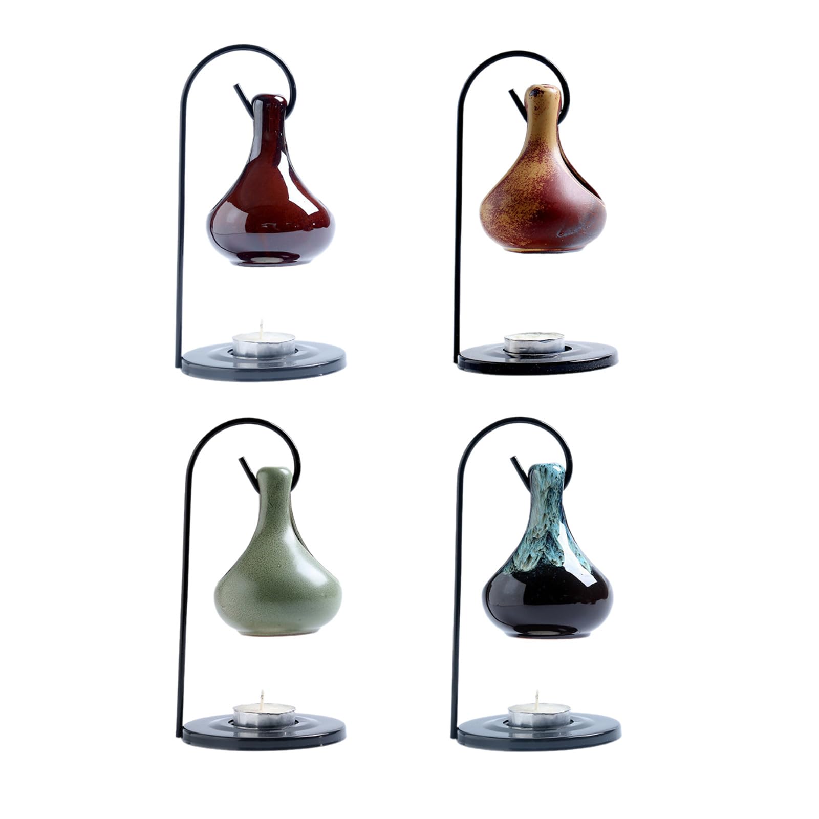 Difusor de aromaterapia cerámica esmaltada Colgante, portavelas con Soporte Hierro, Calentador Cera for decoración del hogar(Dark Brown)