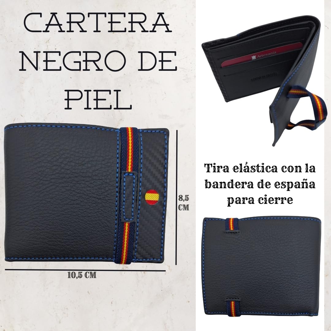 Cartera de Piel para Hombre Hecha artesanalmente en Ubrique Hombres y jóvenes, Incluye Llavero y Pulsera de temática española. (76 Negro Tira Grabado Hilo Azul)