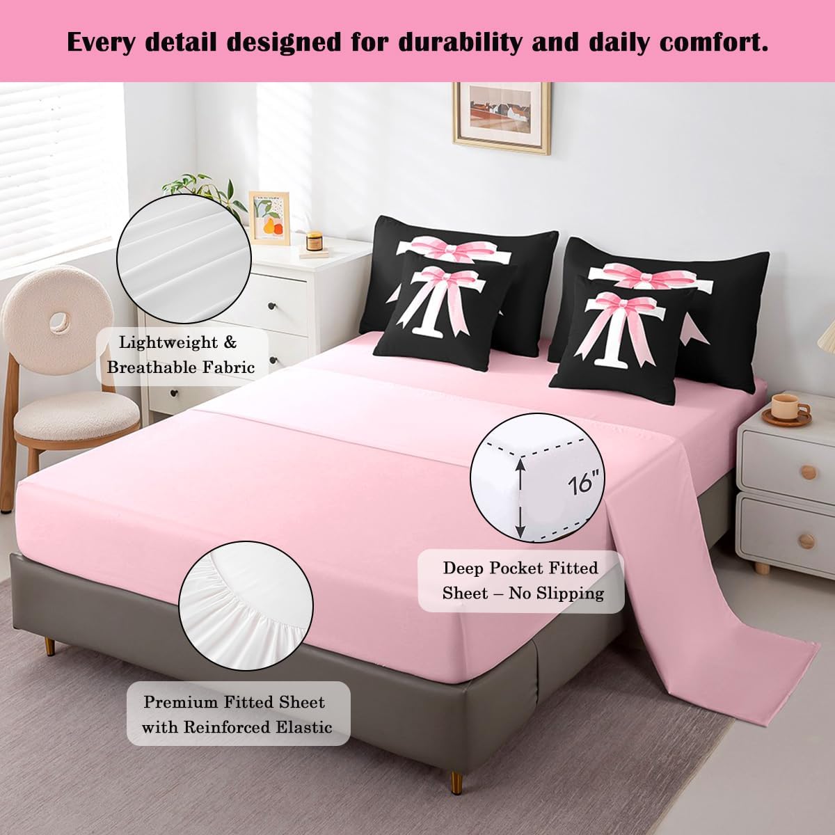 jejeloiu Kawaii Pink Bow Queen 7 Piece Comforter Set with Sheets for Girl image 4