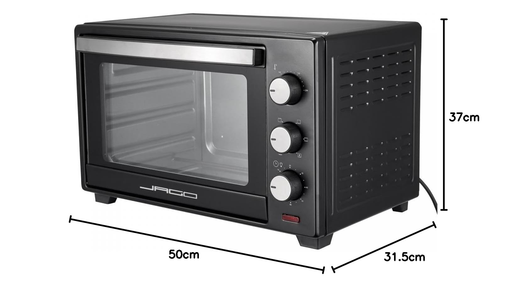 Jago® Mini piekarnik – z termoobiegiem, oświetlenie wewnętrzne, elektryczny, 30 l, 5 trybów gotowania, 1600 W, timer, 100-230°, podwójne drzwi, czarny – elektryczny