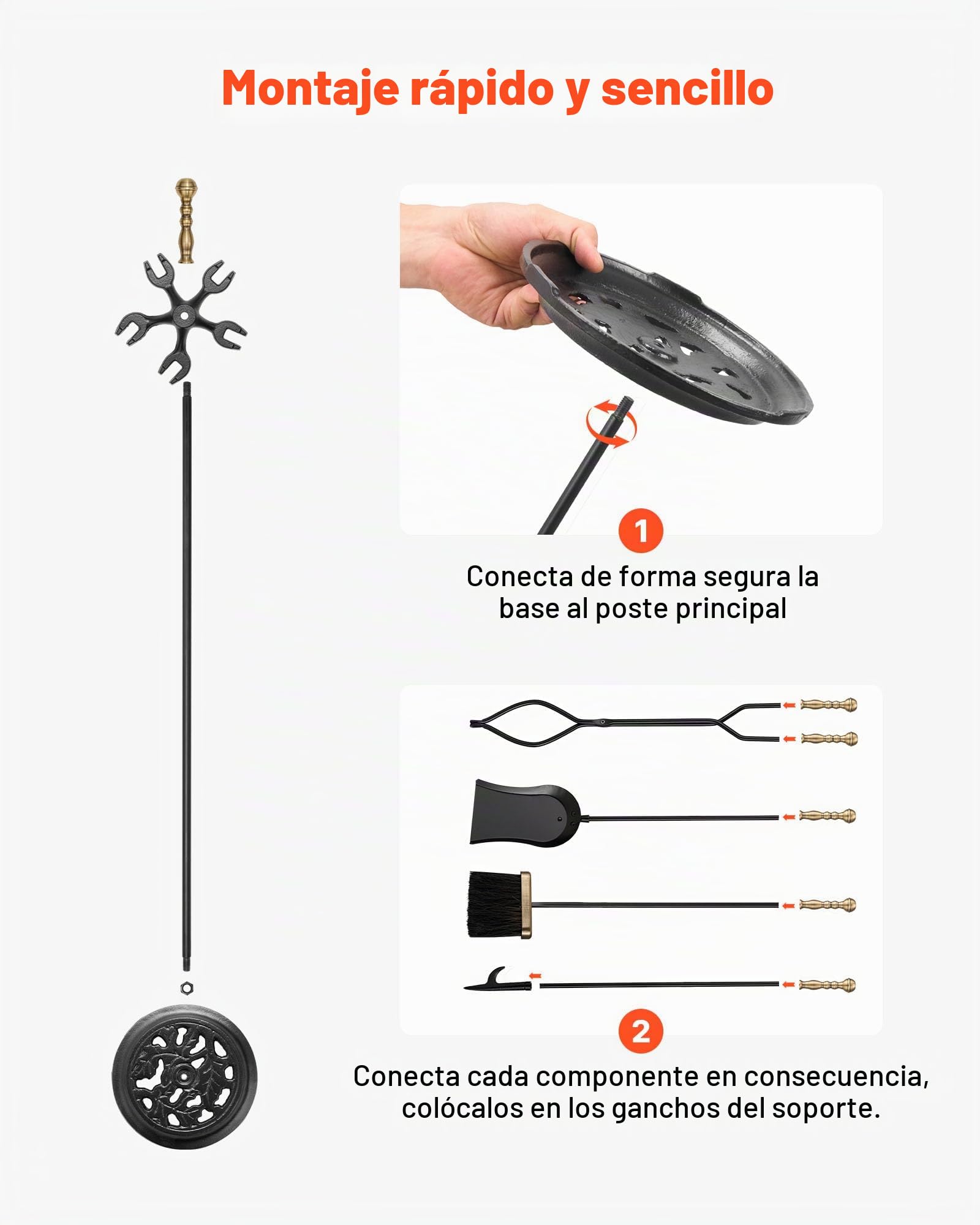 VEVOR Juego de 5 Herramientas para Chimenea de Hierro Forjado, con Soporte de Cinco Puntas, Pinzas, Pala para Cenizas, Cepillo y Atizador, Interior y Exterior, Negro y Latón, 770 x 225 x 225 mm