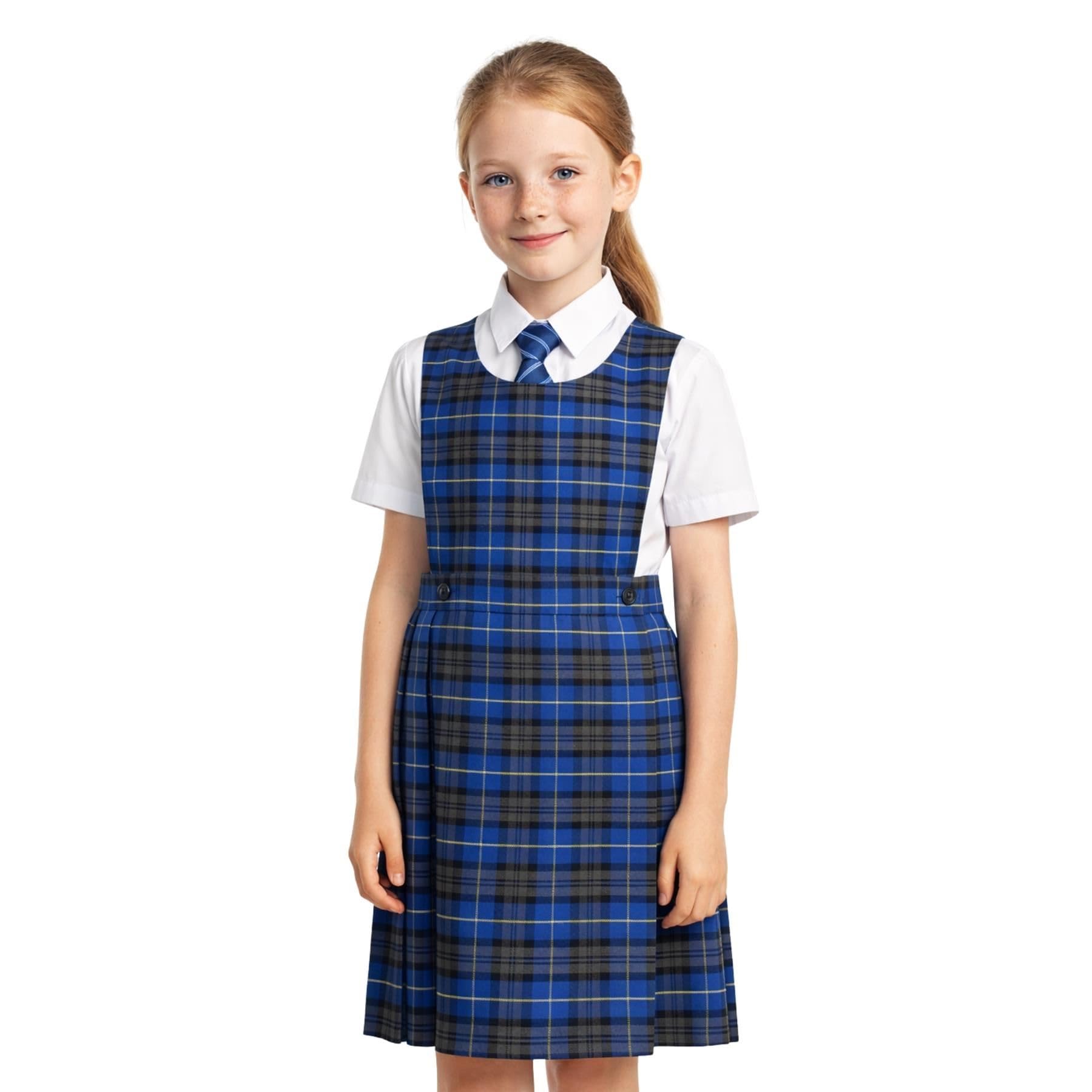 Schoolstitch Girls Royal Blue Tartan Schoolstitch® Tartan Pinafore School Dresses For Sleeveless Pleated