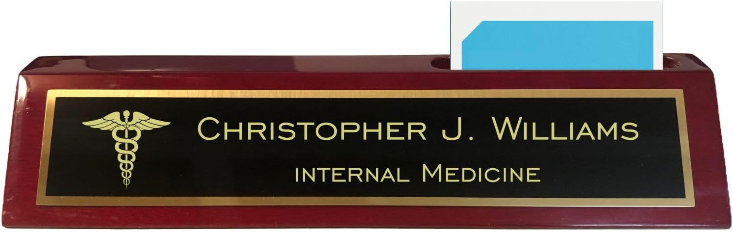 Personalized Medical Field Desk Name Plate Wedge Rosewood Finish with Caduceus Symbol Custom Text Business Office Gifts for Doctor Nurse Graduation Gift