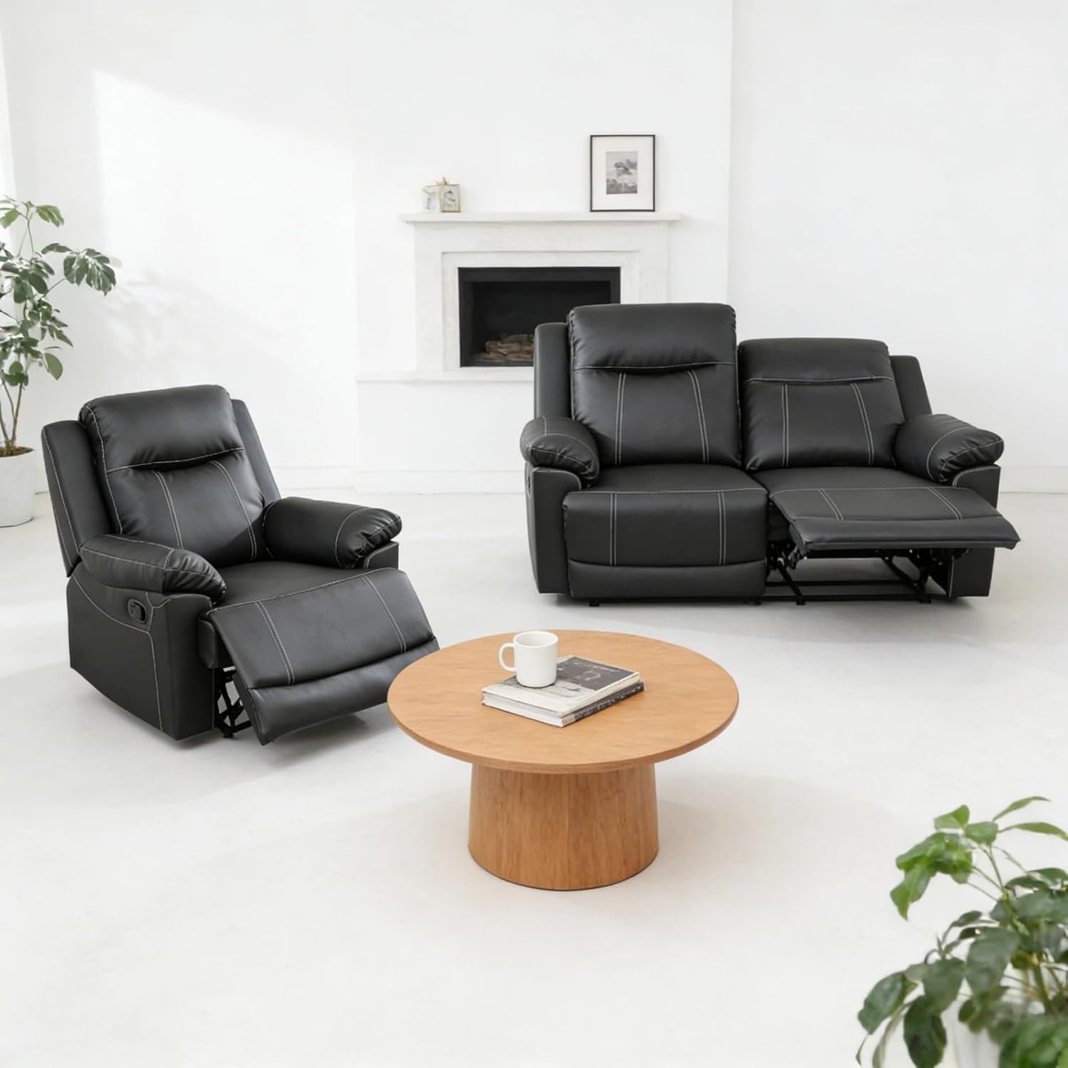 Leather Recliner Sofa Set, Living Room Furniture Set, Adjustable Backrest Reclining Loveseat Sofa with Storage Console & Cup Holders, Manual Recliner Chair for House, Home Theater, Black