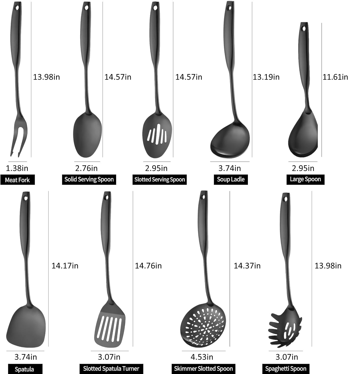 Lazycorner Küchenhelfer Set 9-teilig Edelstahl 304 Poliert Spiegel-Finish Kochlöffel, Schlitzlöffel, Pfannenwender, Pfannenwender, Nudellöffel - Spülmaschinenfest, Rostbeständig