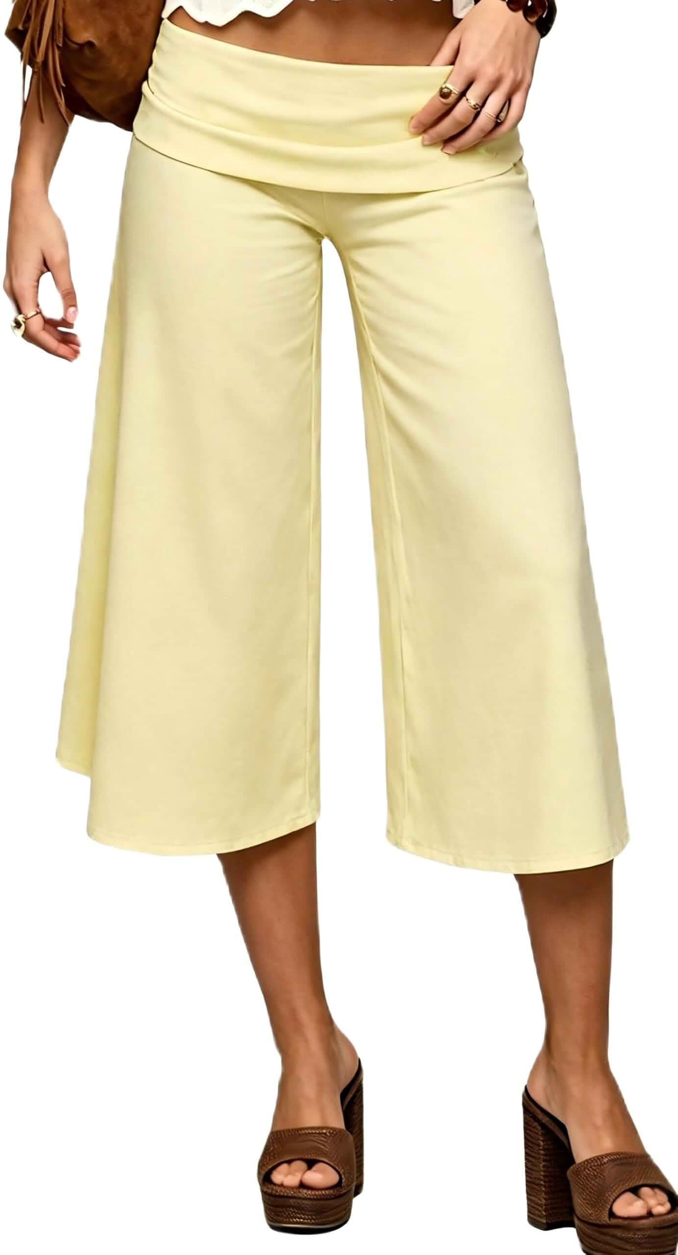 Women Flowy Gauchos Cropped Pants Foldover Wide Leg Capris Casual Culottes Low Rise Gaucho Pants for Women Cropped, 3/4 Length Yoga Flare Pants Bell Bottoms
