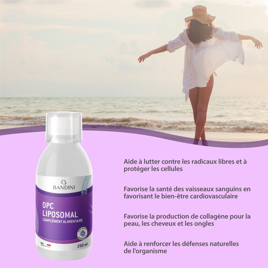 Bandini® OPC Liposomal Liquide 250ml - Extrait de pépins de raisin 95% OPC (200mg par dose) - Absorption optimale avec technologie liposomale - Supplément antioxydant naturel puissant - Pour 25 jours