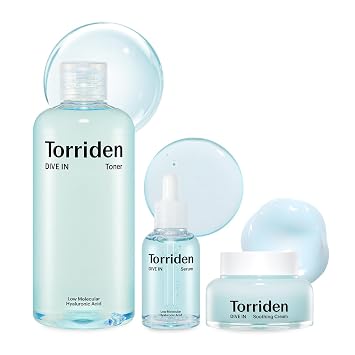 Torriden DIVE-IN Low-Molecular Hyaluronic Acid Serum, 1.69 fl oz + Toner 10.14 fl oz + Soothing Cream 3.38 fl oz | Vegan Clean Cruelty Free Facial Ampoule Moisturizer Alcohol-free Fragrance-free