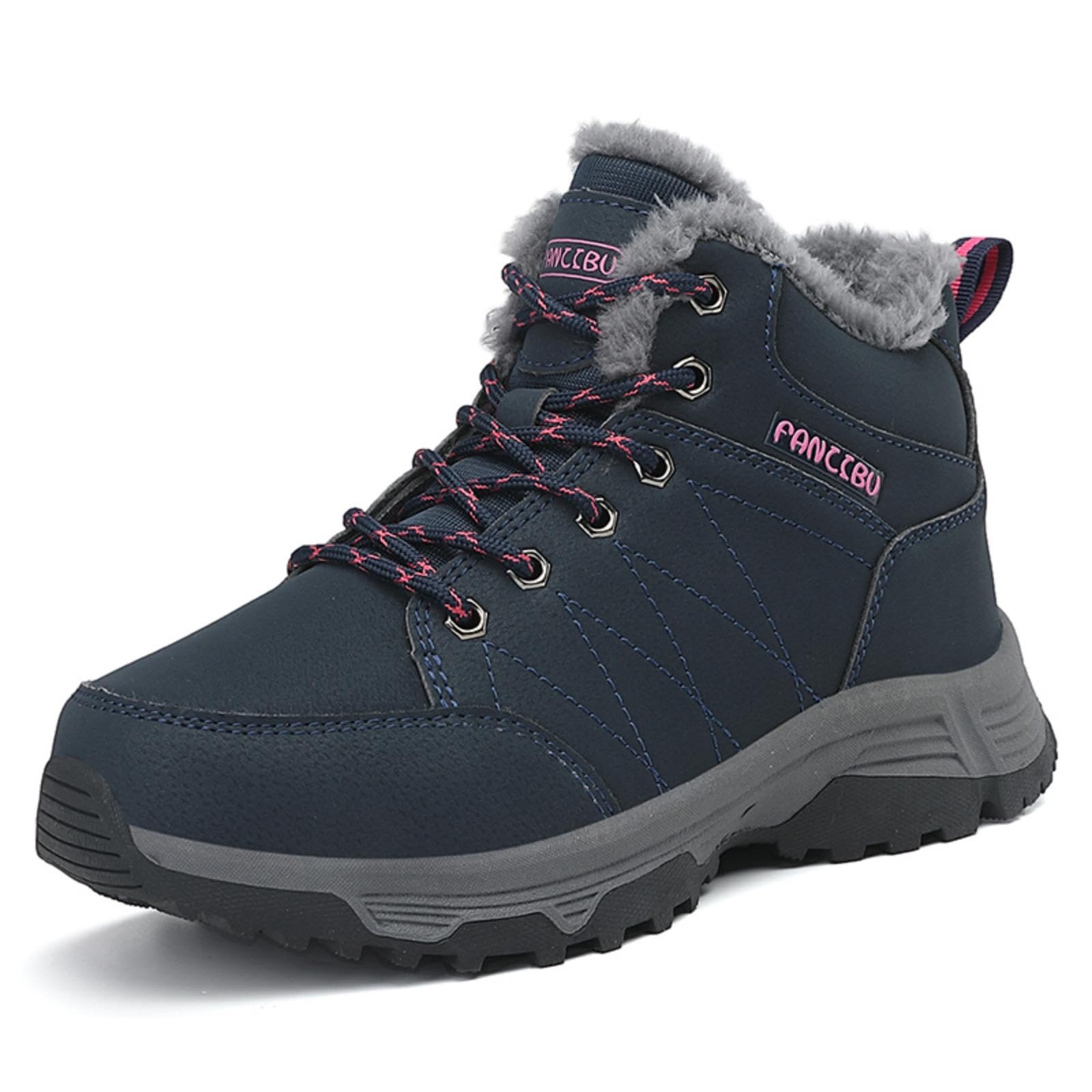 Women Waterproof Winter Ankle Snow Boots Non-Slip Hiking Boots with Warm Fur Lined Winter Walking Boots Sneakers Wide