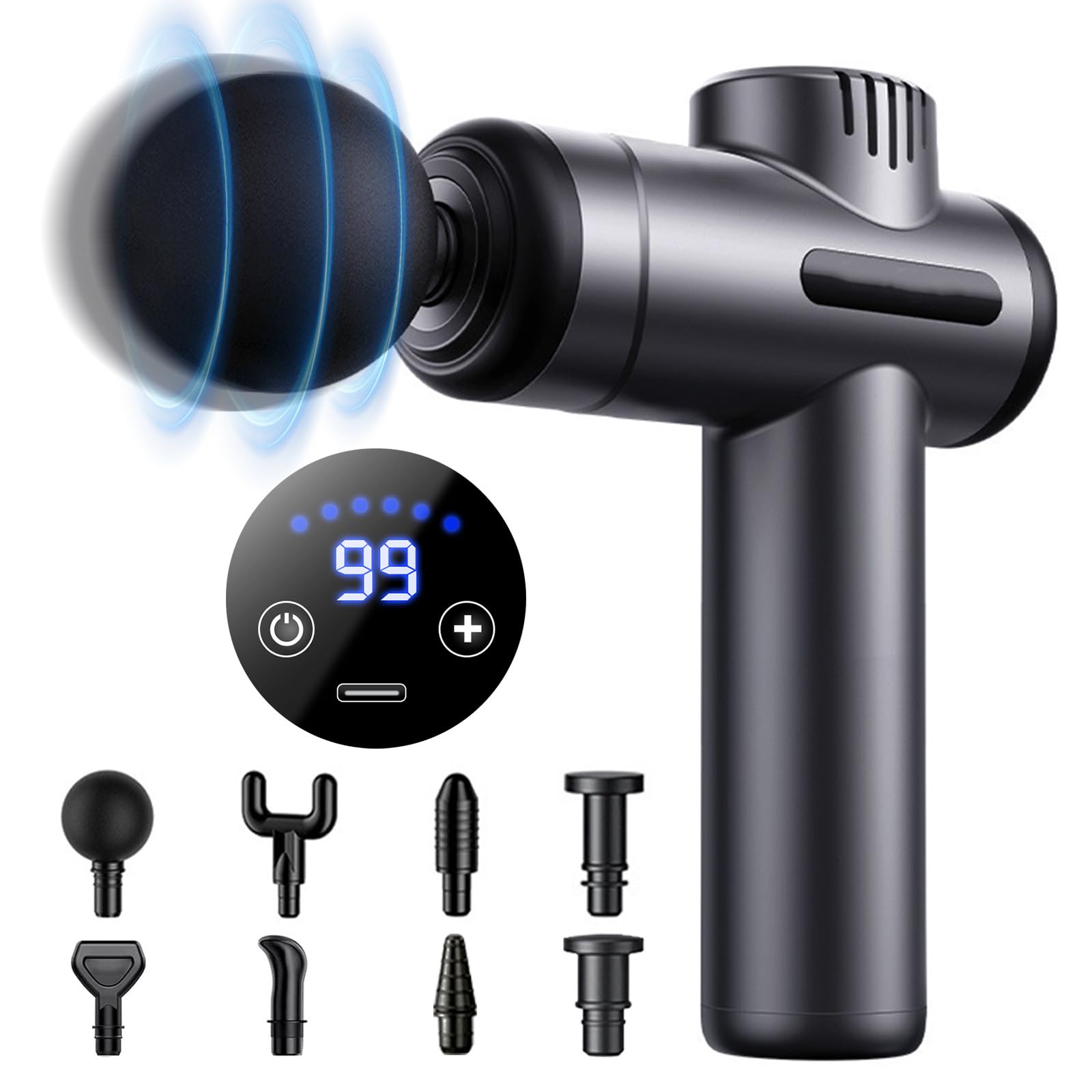 Pistola de Masaje Muscular,99 Velocidades,8 Cabezales de Masaje,Pantalla LCD Táctil, Carga Tipo-C,Ultra Silencioso Eléctrica Masajeador de Músculos para Aliviar el Dolor Muscular Fatiga,Hombre y Mujer