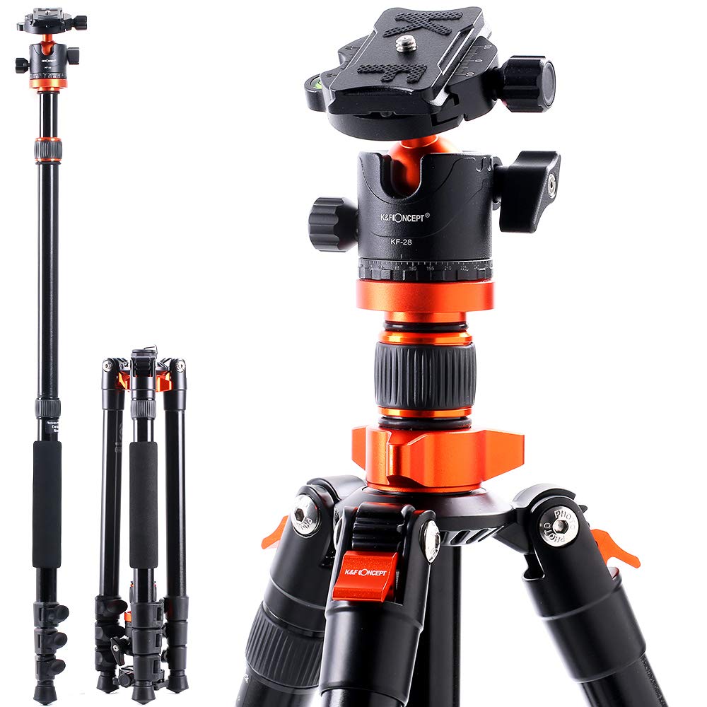 K&F Concept SA254M1 62'' DSLR Camera Tripod Lightweight and Compact Aluminum Detachable Monopod Tripod with 360 Panorama Ball Head Quick Release Plate for Travel and Work