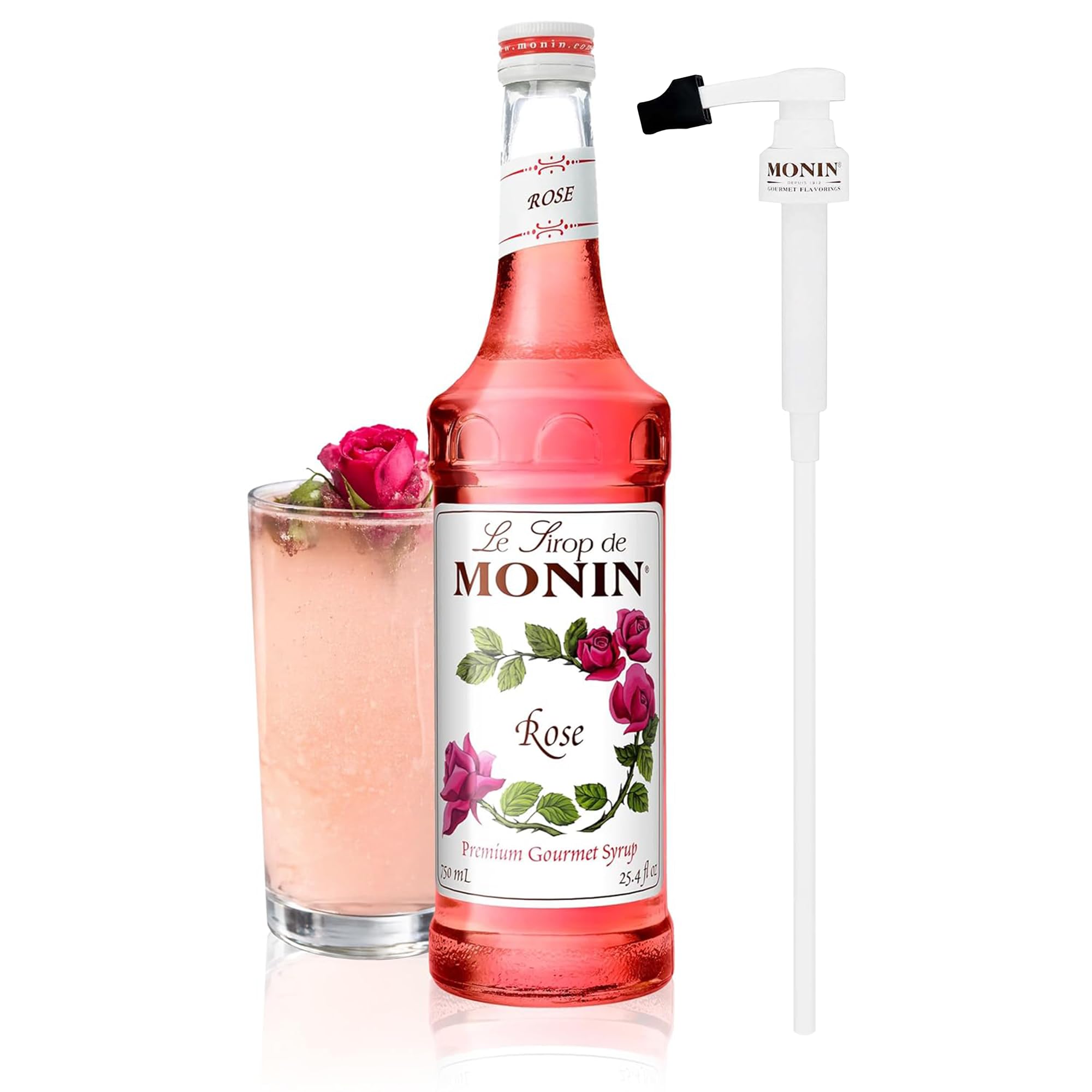 Rose Syrup with Monin BPA Free Pump, Boxed, Elegant and Subtle, Great for Cocktails, Mocktails, and Soda, Gluten-Free, Non-GMO (750 ml)